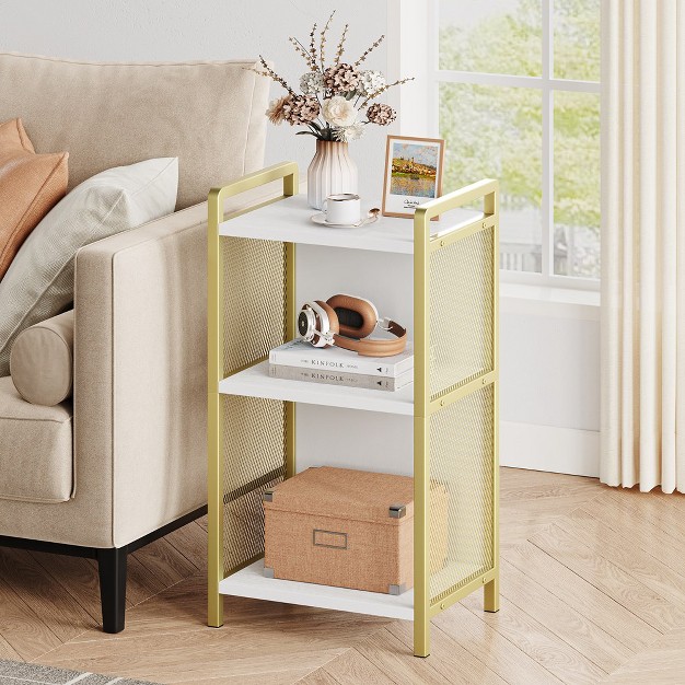 Trinity Gold Side Table With Storage 3 tier Tall End Table With Golden Metal Frame And White Storage Shelves For Living Room Bedroom And Couch