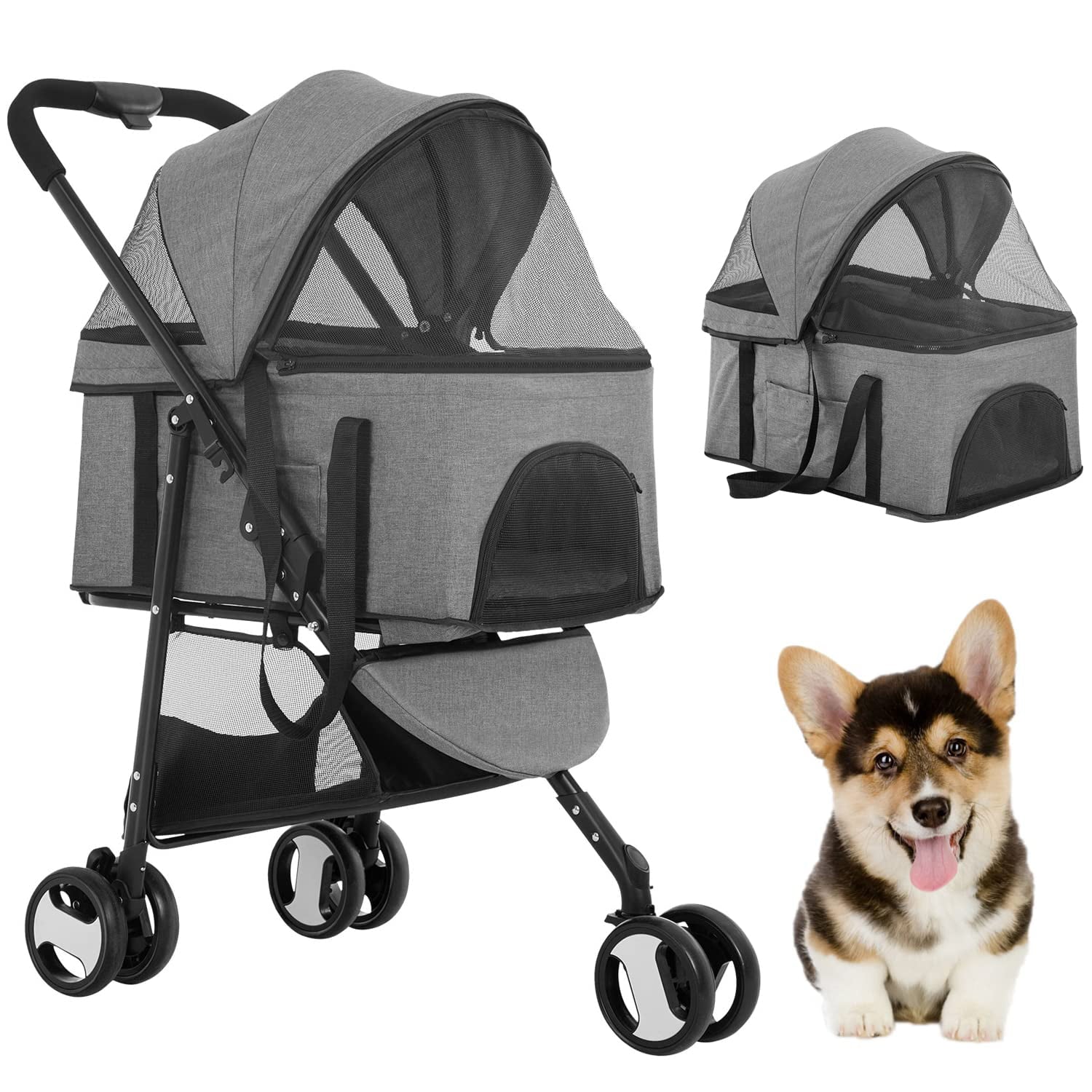 YRLLENSDAN Foldable Pet Stroller with Detachable Carrier， Dog Stroller Small Dogs 3 Wheel 3-in-1 Multifunction Pet Carriers for Small Medium Dogs with Wheels Cat Stroller w/Storage Basket