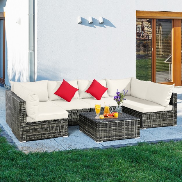 Tangkula 7 Pcs Outdoor Patio Furniture Set All weather Pe Rattan Sofa Set W coffee Table amp Cushions