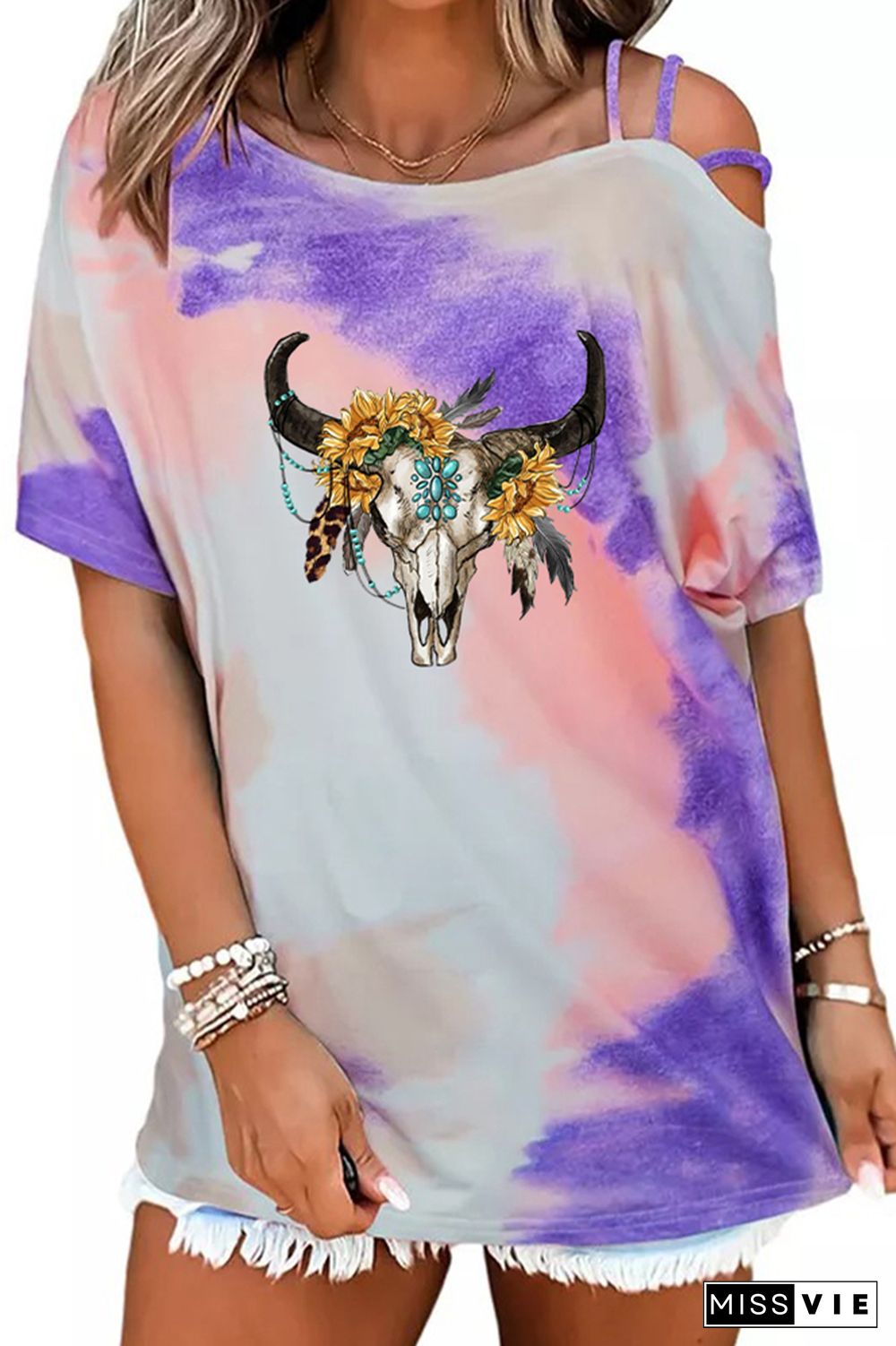 Sunflower Boho Bull Skull Graphic Tees for Women Wholesale Short Sleeve T shirts Top