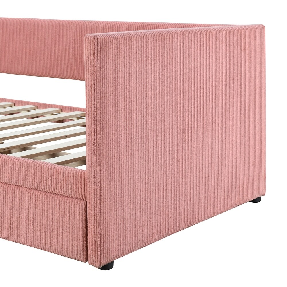 Pink Corduroy tufted Daybed Twin Frame w/ 2 Drawers No Box Spring Needed Wood Slat Support Bed Frame Noble Storage Bed Design