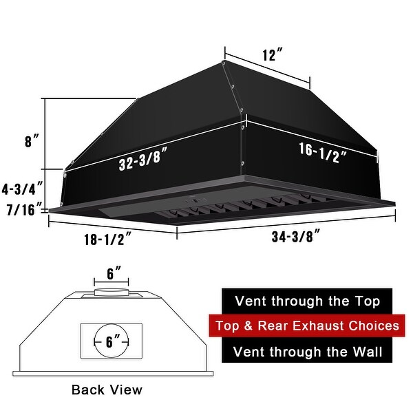 30-36in.Insert Range Hood， Ultra Quiet， Powerful Suction Matte Black Ducted Kitchen Vent Hood with LED Lights， 3-Speeds 600CFM