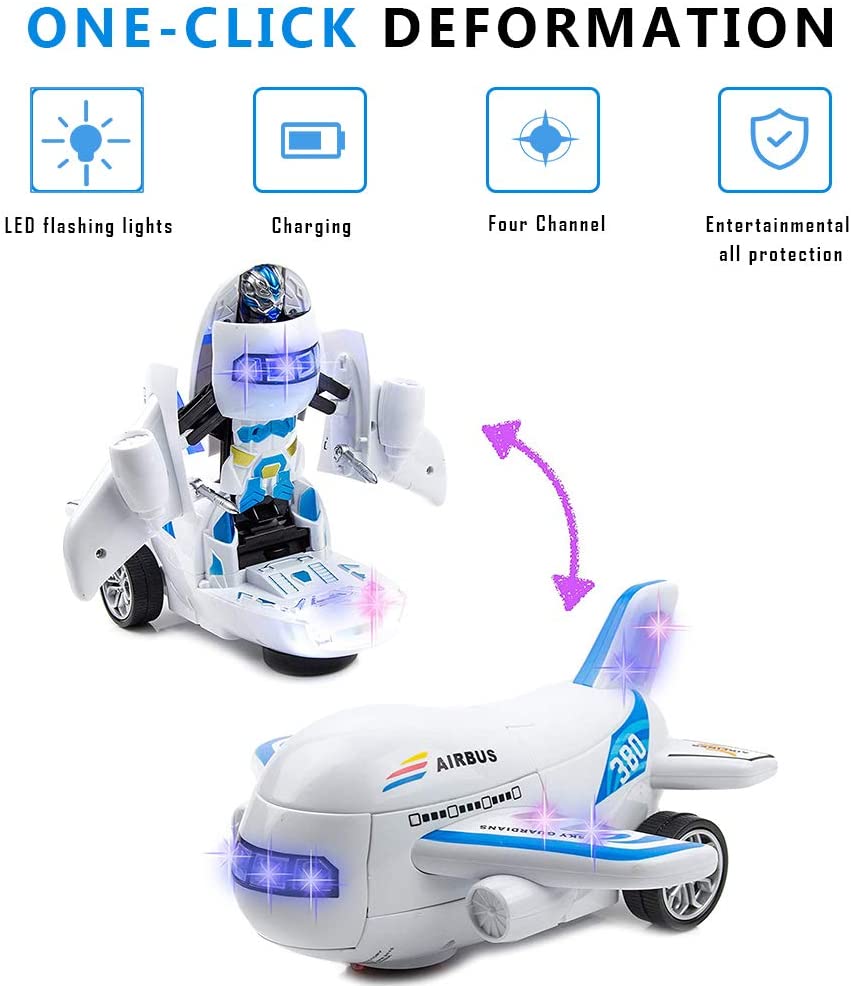 Toysery Deformation Airplane Toy Robot， Battery Operated Transformers Robot Toy with LED Light and Realistic Sounds， Bump and Go Action Airplane for Boys， Girls， Kids