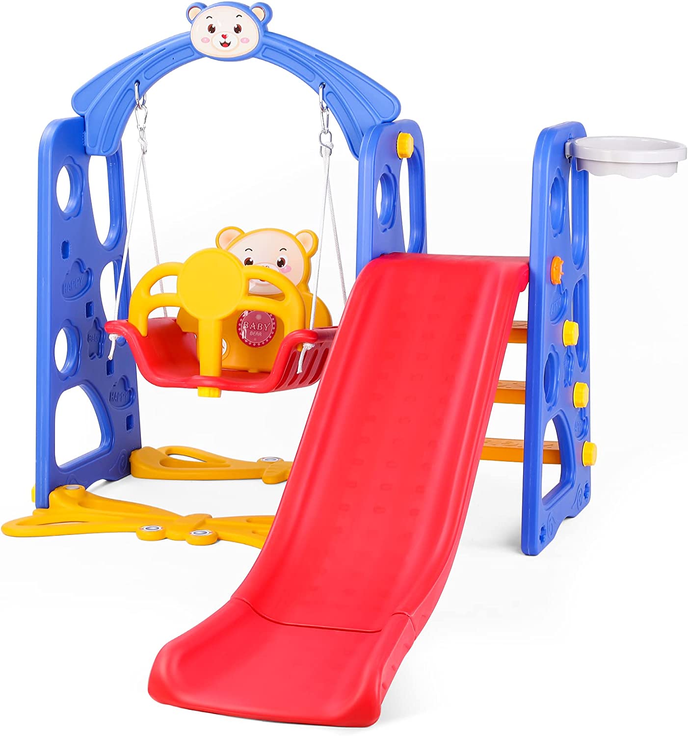 Swing Slide Baby Kids Swing Slide Climber Set Playset Playground Set with Basketball Hoop and Ball