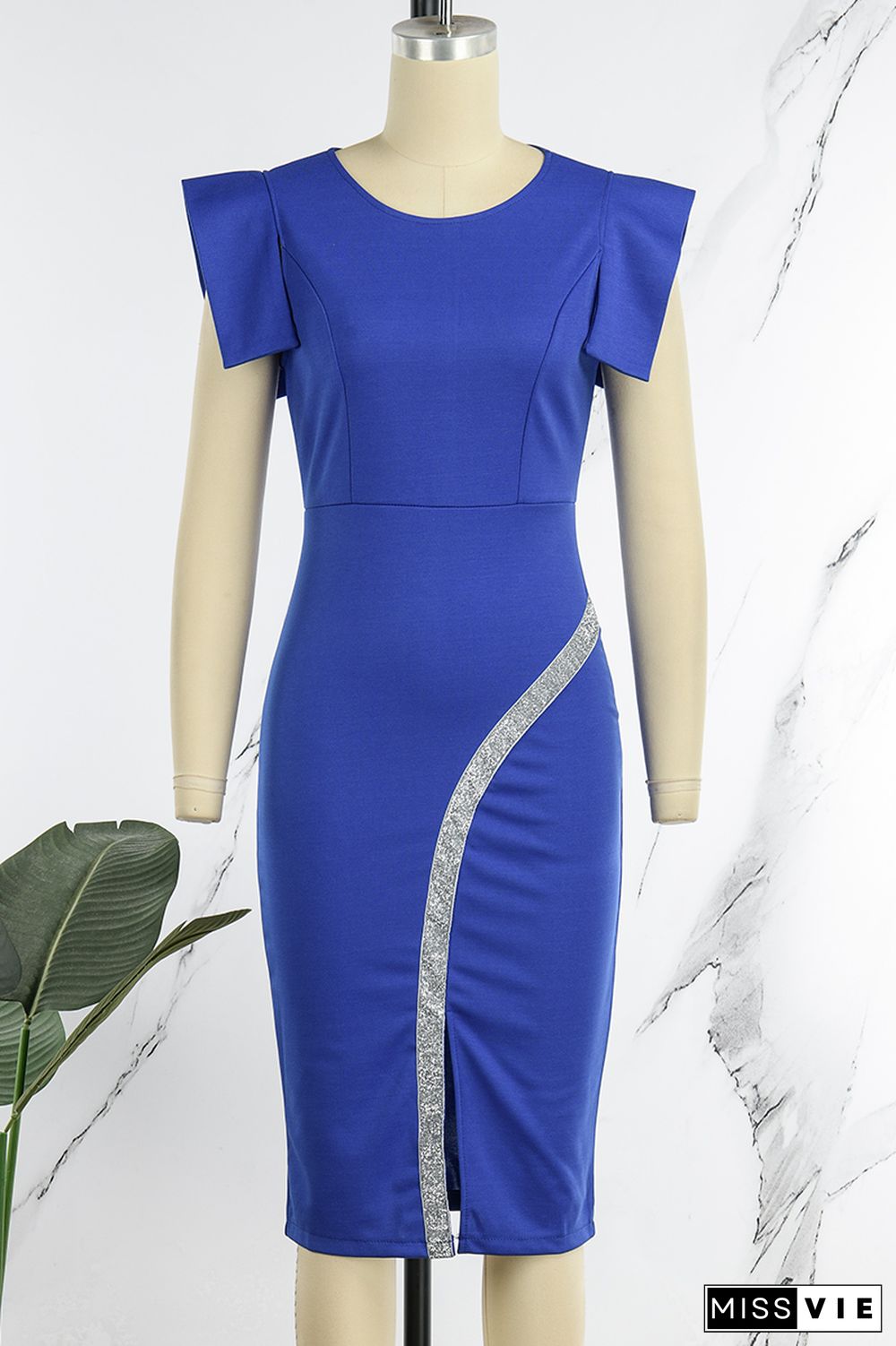 Royal Blue Casual Solid Patchwork Slit O Neck Pencil Skirt Dresses