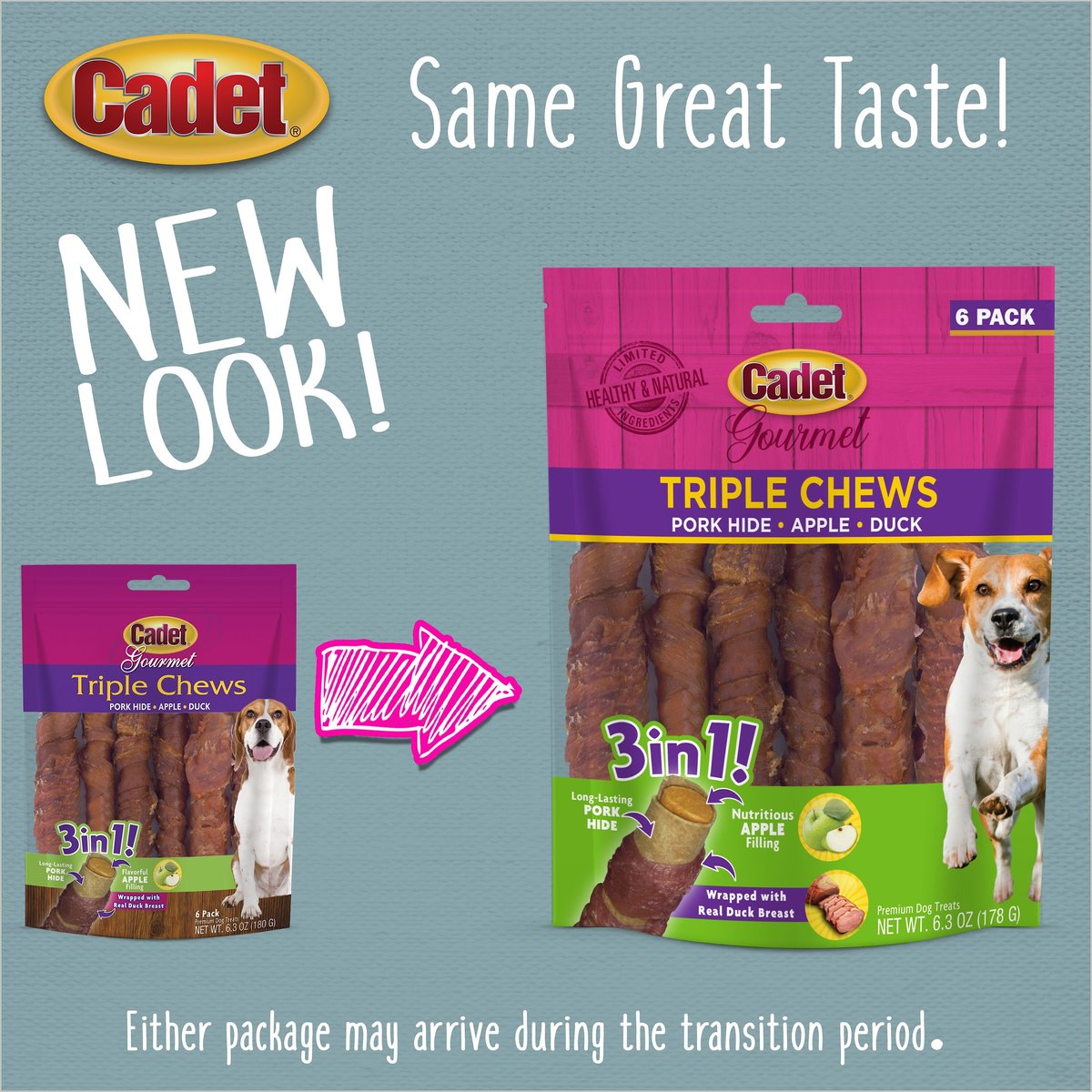 Cadet Gourmet Triple Chews Apple， Duck and Pork Hide Twists Dog Treats， 6 count