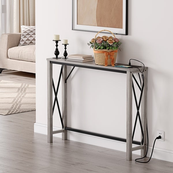 Entryway Table with Power Outlets and USB Ports， Narrow Sofa Table with Charging Station