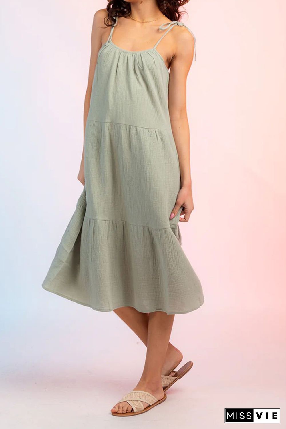 Plain Tie Cami Strap Tiered Midi Dress