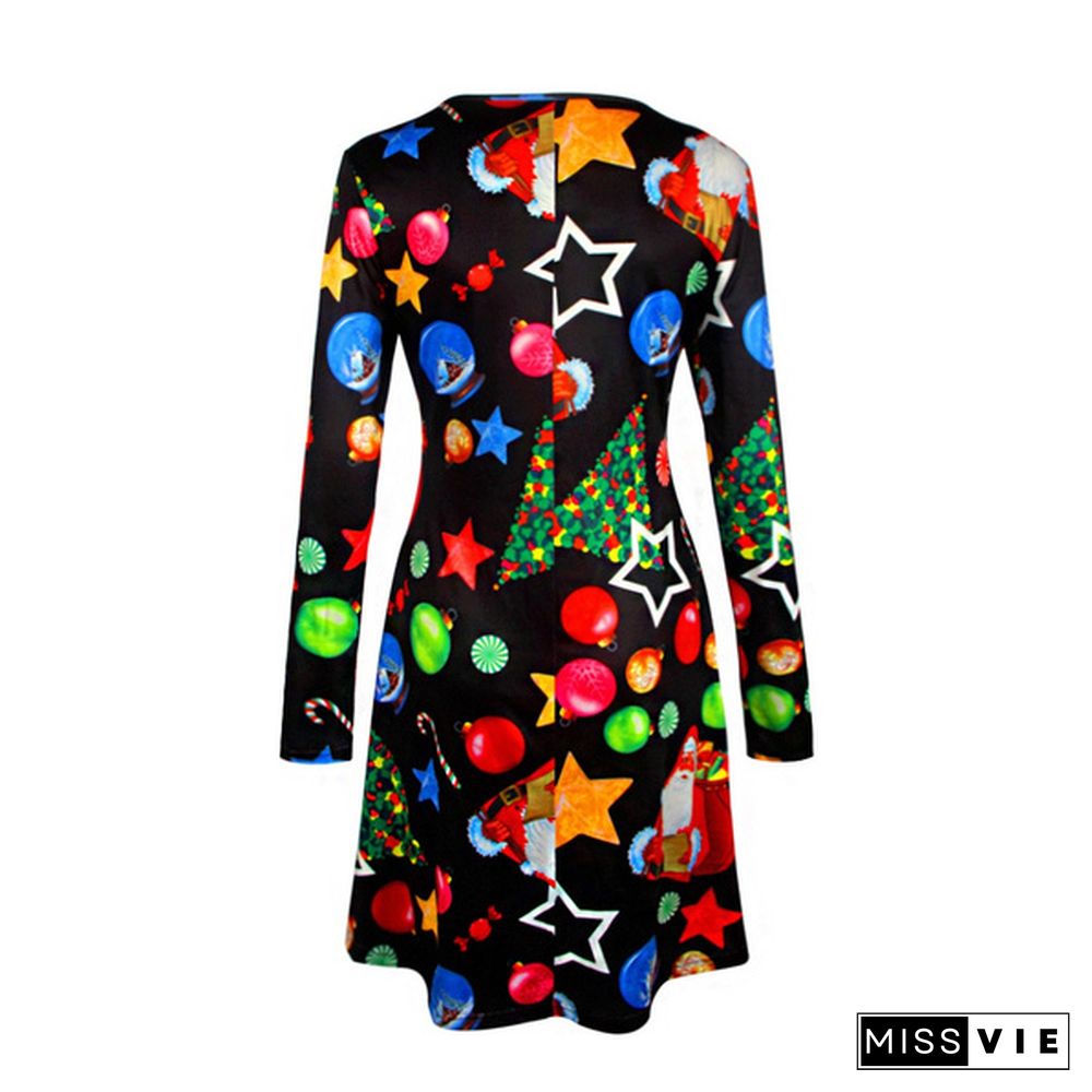 Ladies Casual Long Sleeve Round Neck Christmas Party Dress Women Christmas Tree Elk Snowman Printed A Line Tunic Dress Plus Size 5XL