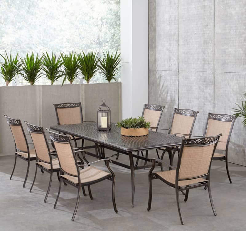 Hanover Fontana 9-Piece Outdoor Dining Set In Tan/Bronze With 8 Sling Dining Chairs and 42and#215;84 Cast Table