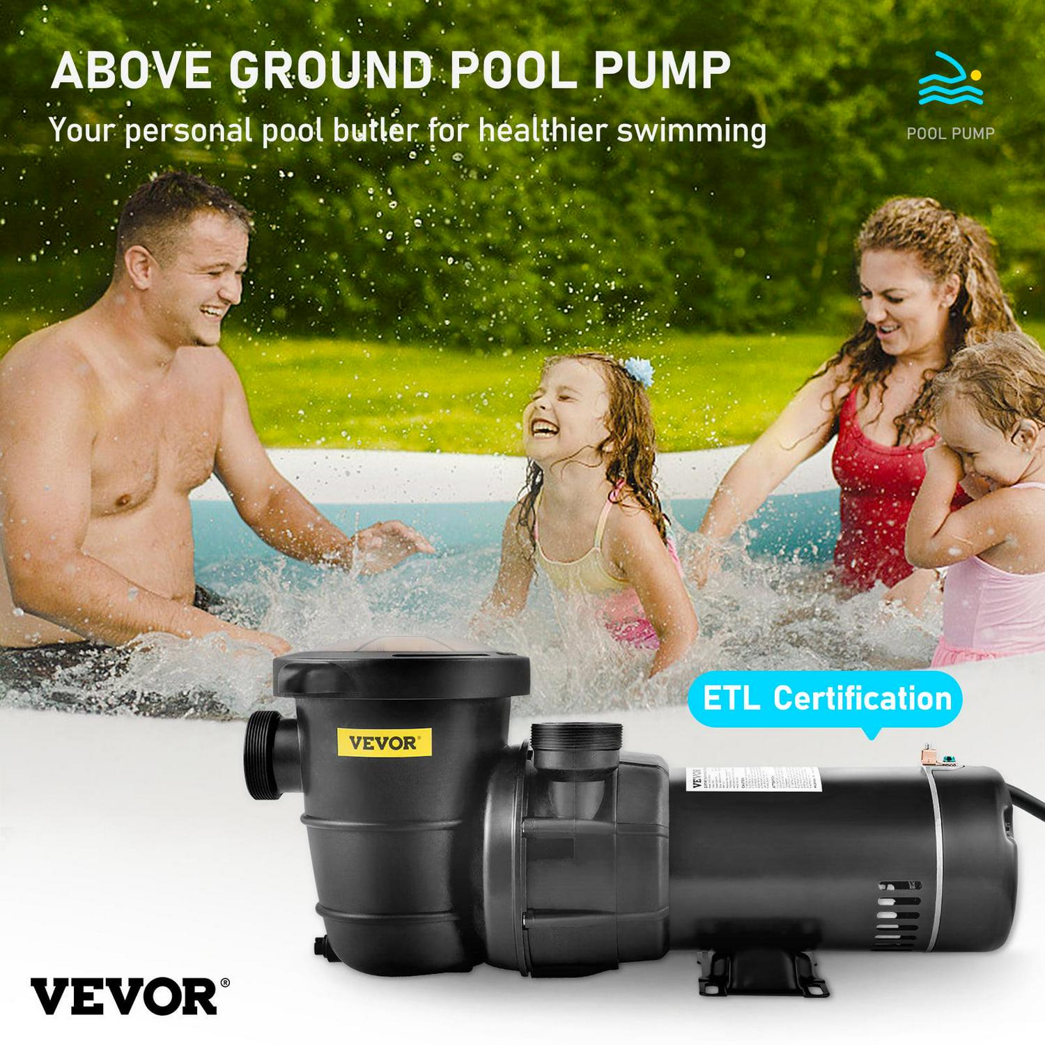 VEVOR Swimming Pool Pump， 2HP 115V， 1500W Single Speed Pumps for Above Ground Pool w/ Strainer Basket， 5400GPH Max. Flow， Certification of ETL