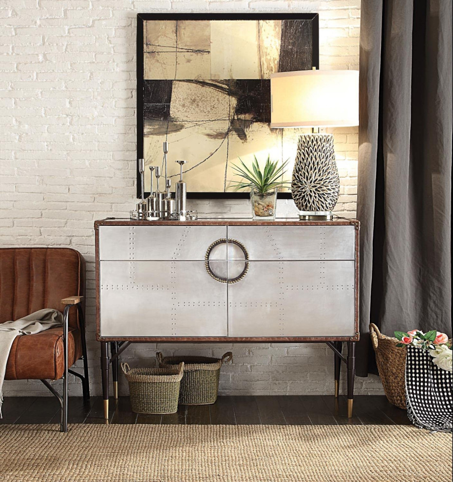 Unique Console Table  Top Grain Leather Accent With Aluminum Doors and Drawers   Midcentury   Console Tables   by Decorn  Houzz