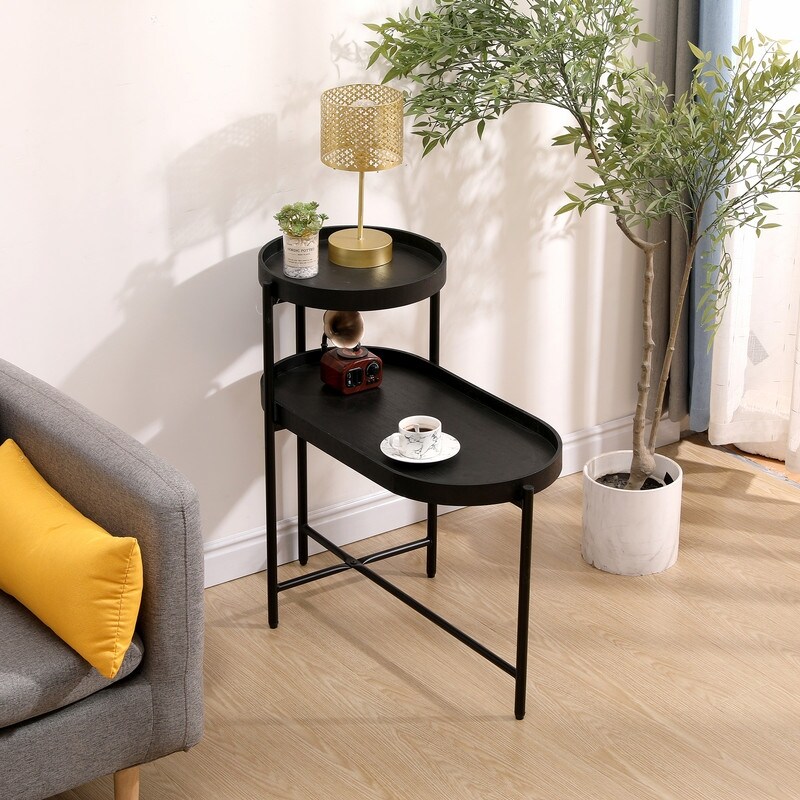 2 Tier Black Side Table with Storage for Living Room