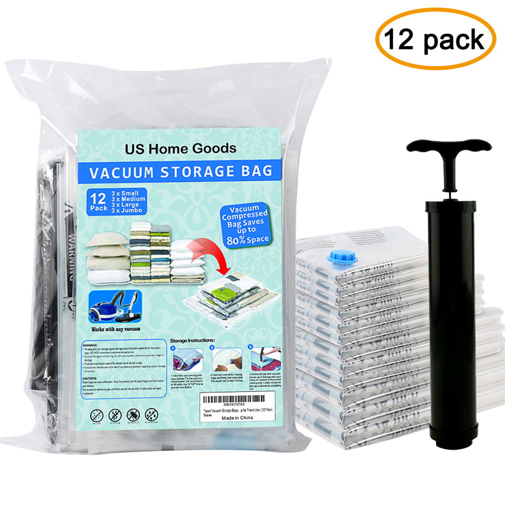 Vacuum Storage Bags Save up to 85% of Original Space,Space Saver Bags with Free Hand Pump for Travel(12 Pack: 3 x Small, 3 x Middle, 3 x Large, 3 x Jum)