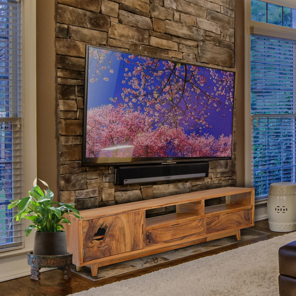 Gerunda Live Edge Suar Wood Media Center With 1 Door and 2 Drawers   Midcentury   Entertainment Centers And Tv Stands   by Chic Teak  Houzz