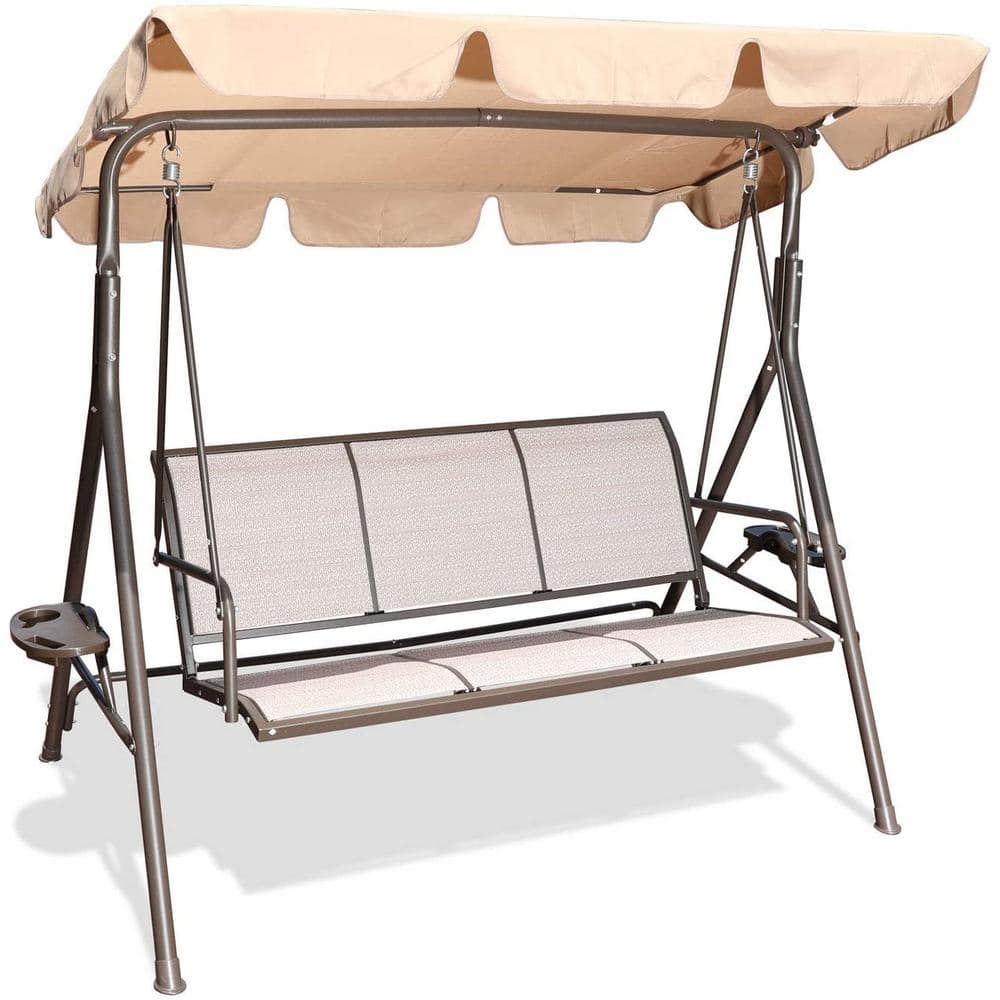 Tatayosi 3Person Beige Metal Outdoor Patio Swing Chair with Canopy