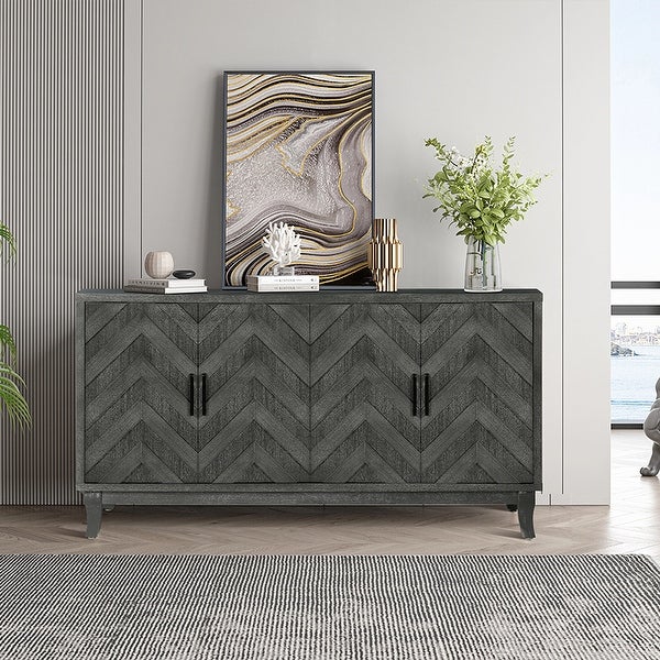 Accent Storage 4 Door Wooden Cabinets，Antique Dark Grey Colour Wood Cabinet Vintage Style Sideboard