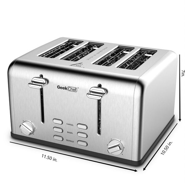 1550 W 4-Slice Silver Stainless Steel Wide Slot Toaster with Dual Control Panels