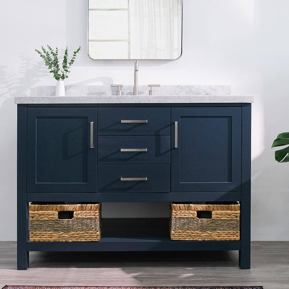 ARIEL Bayhill 49 in. W x 22 in. D Bath Vanity in Midnight Blue with Marble Vanity Top in Carrara White with White Basin R049SCWRVOMNB