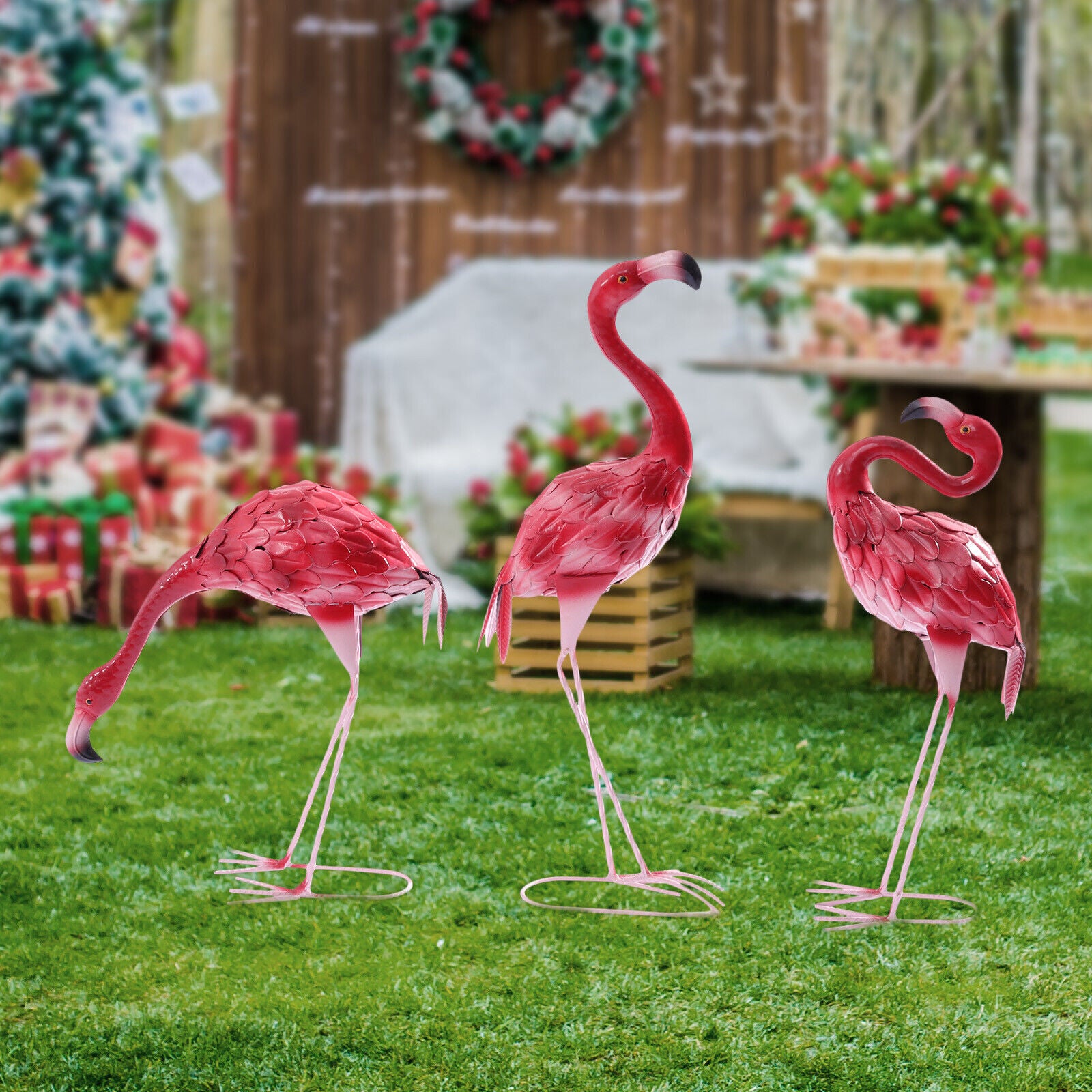 Flamingo Garden Statue Metal Sculpture Pink Animal Yard Art 3Pcs Modern Detachable Metal Vintage Garden Lawn Yard Flamingo Outdoor Statue Creative Three Little Flamingo Garden Iron