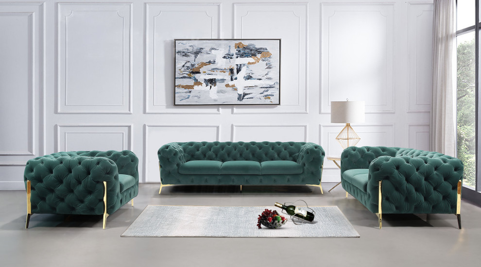 Divani Casa Quincey Transitional Emerald Green Velvet Sofa Set   Midcentury   Living Room Furniture Sets   by Vig Furniture Inc.  Houzz