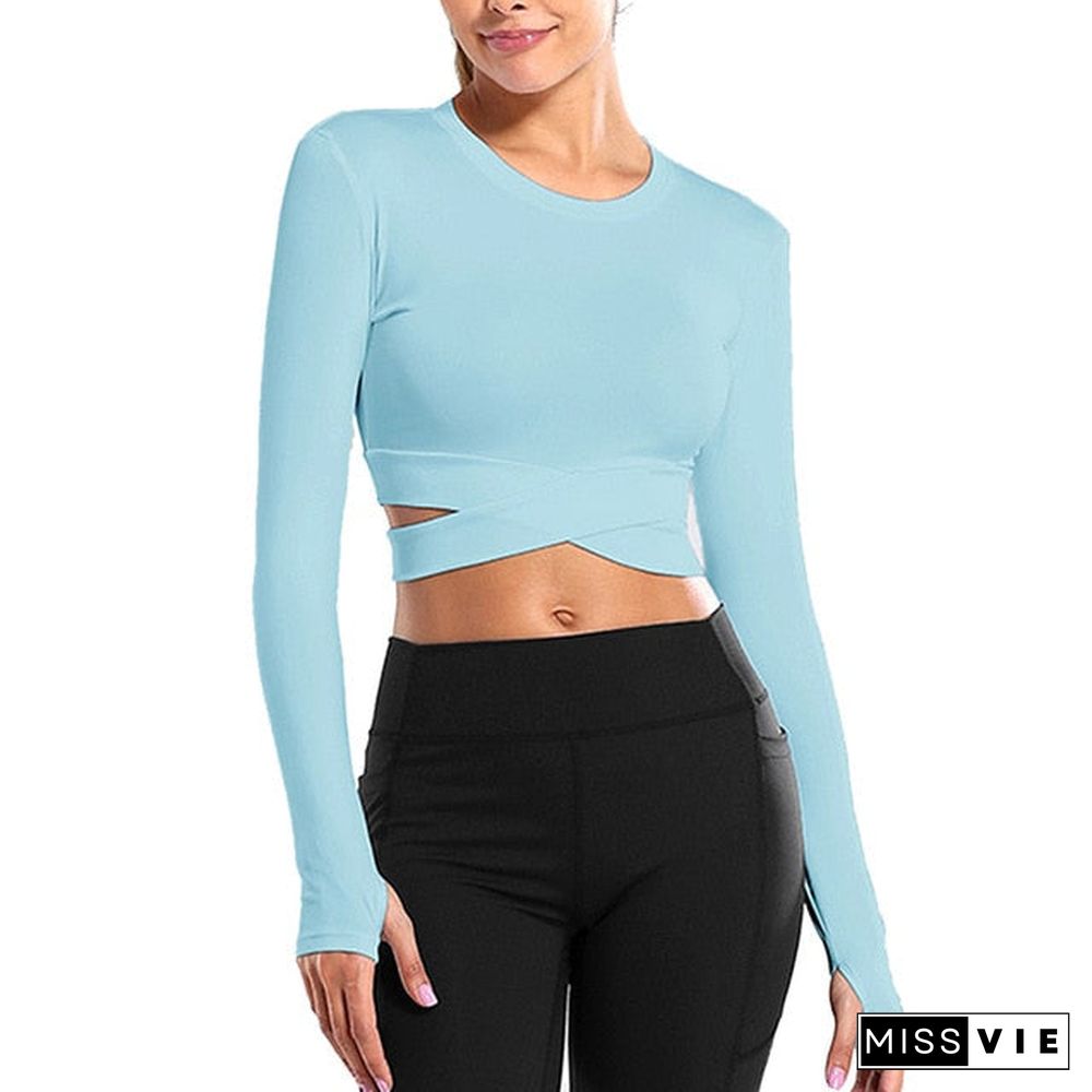 Women Long Sleeve Running Shirts Sexy Exposed Navel Yoga T-Shirts Solid Sports Shirts Quick Dry Fitness Gym Crop Tops Sport Wear