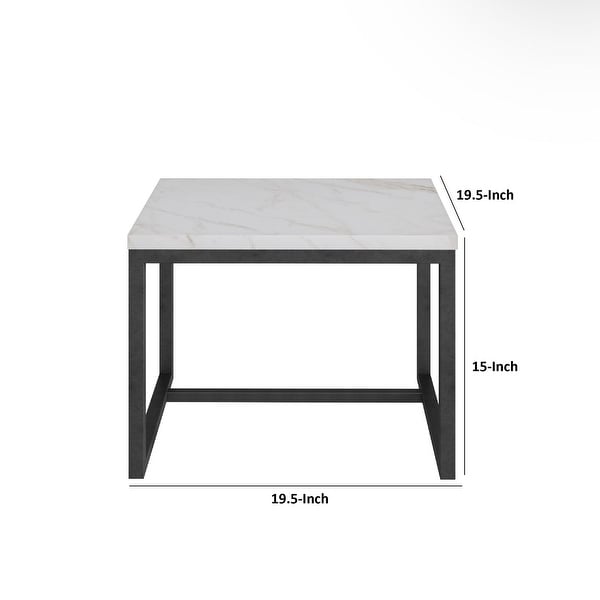 Cid 20 Inch Modern End Table， Marble Top， Metal Base， White， Black