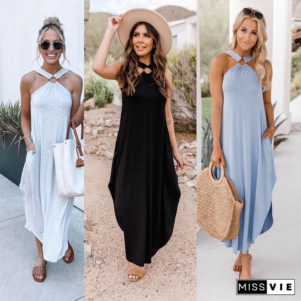 Off-the-shoulder Casual and Comfortable Long Pocket Dress with Hanging Neck