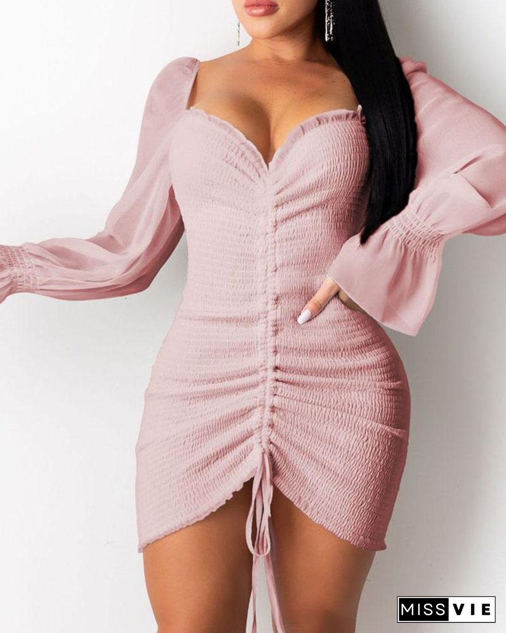 Shirring Ruched Frill Hem Long Sleeve Dress P14747