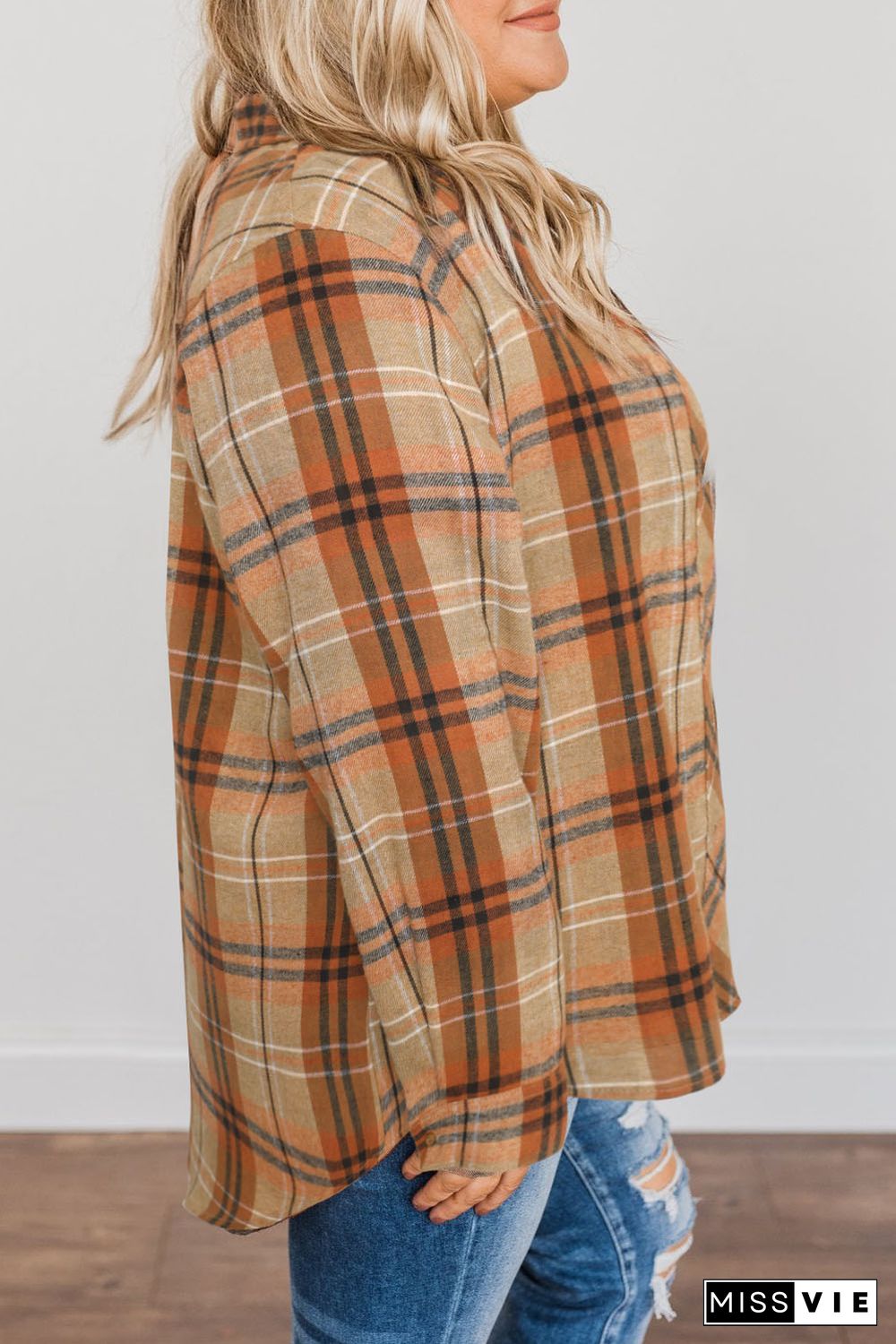 Orange Plus Size Buttons Plaid Pattern Shirt