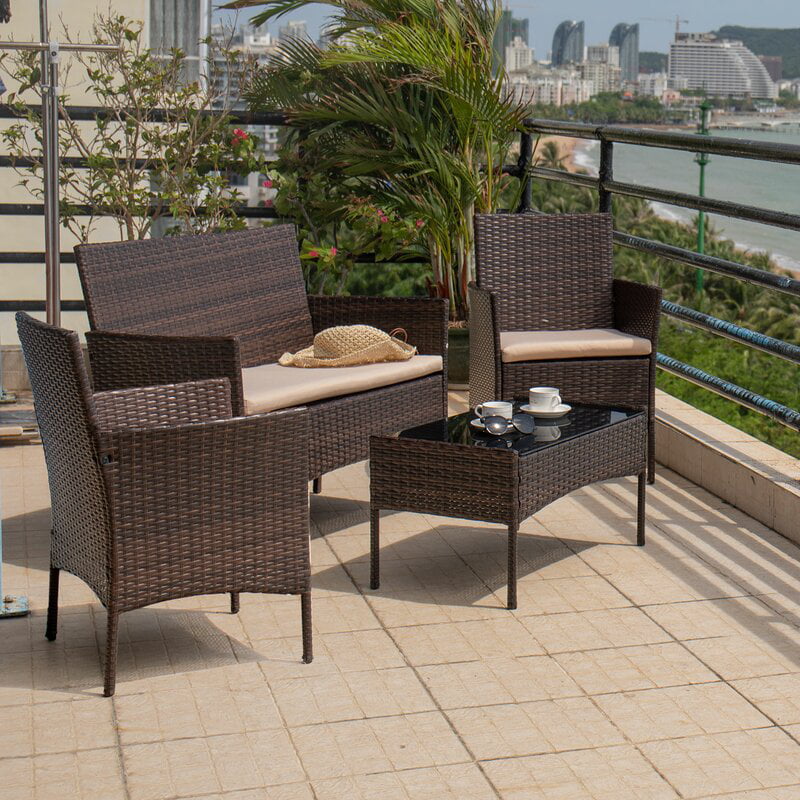 Homall 4 Pieces Outdoor Patio Furniture Brown PE Rattan Wicker Table and Chairs Set Backyard Poolside Garden Porch Sets with Cushioned， Beige Cushion Steel 320 lb