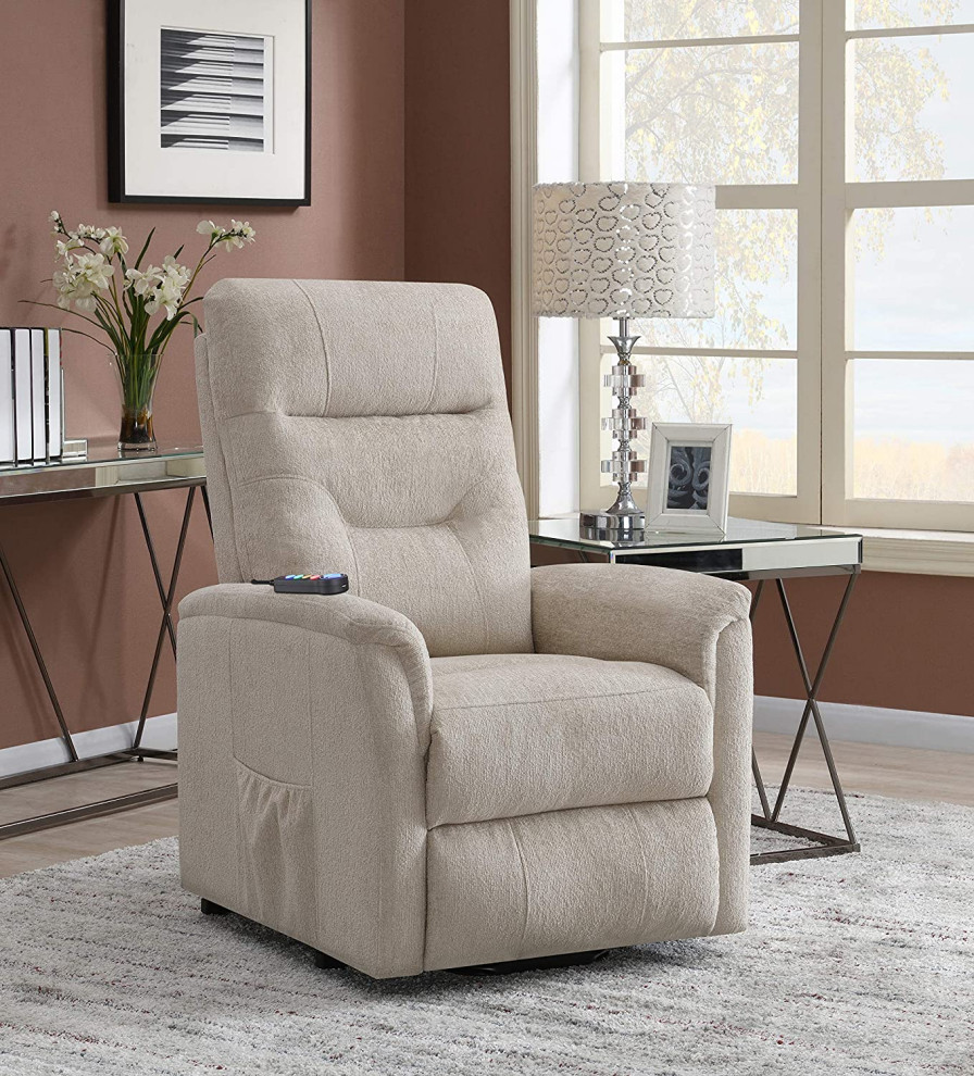 Power Lift Recliner  Beige Upholstery With Side Storage Pocket  Comfortable   Transitional   Recliner Chairs   by Decor Love  Houzz