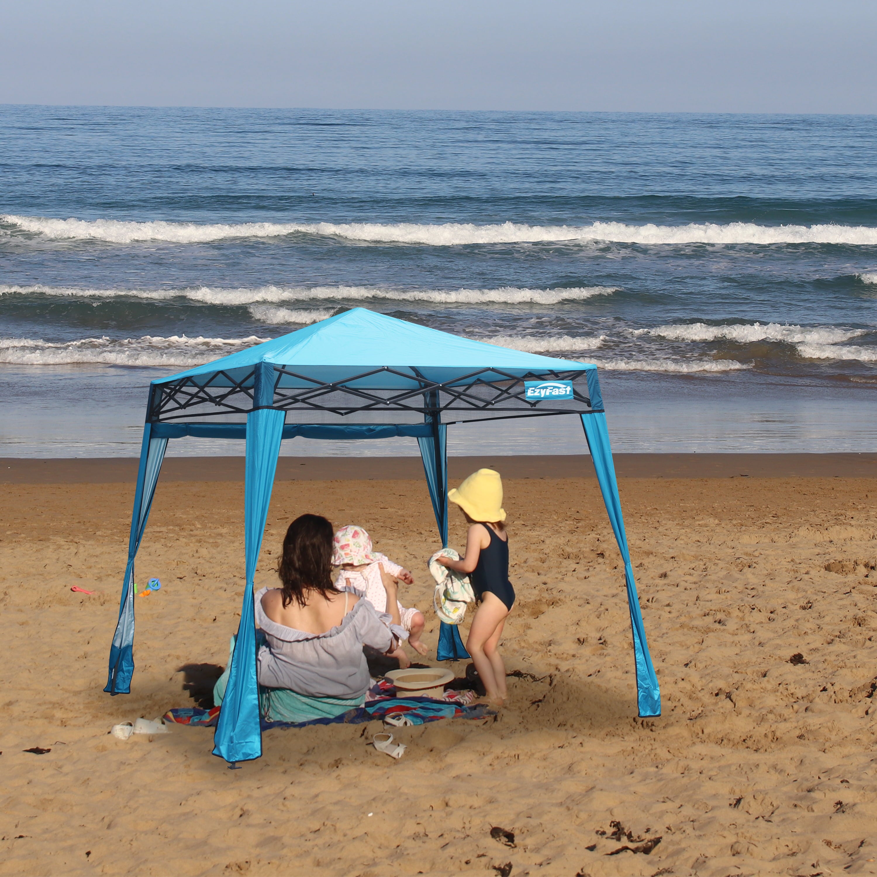 EzyFast Pop up Canopy Tent， Blue Sports  and Beach Cabana with Wall and Built-in Weight Bags， 8'x8' Base/6'x6' Top