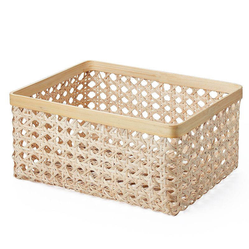 Saddle River Rectangular Natural Open Weave Cane Bamboo Rim Storage Bin 2-piece Set