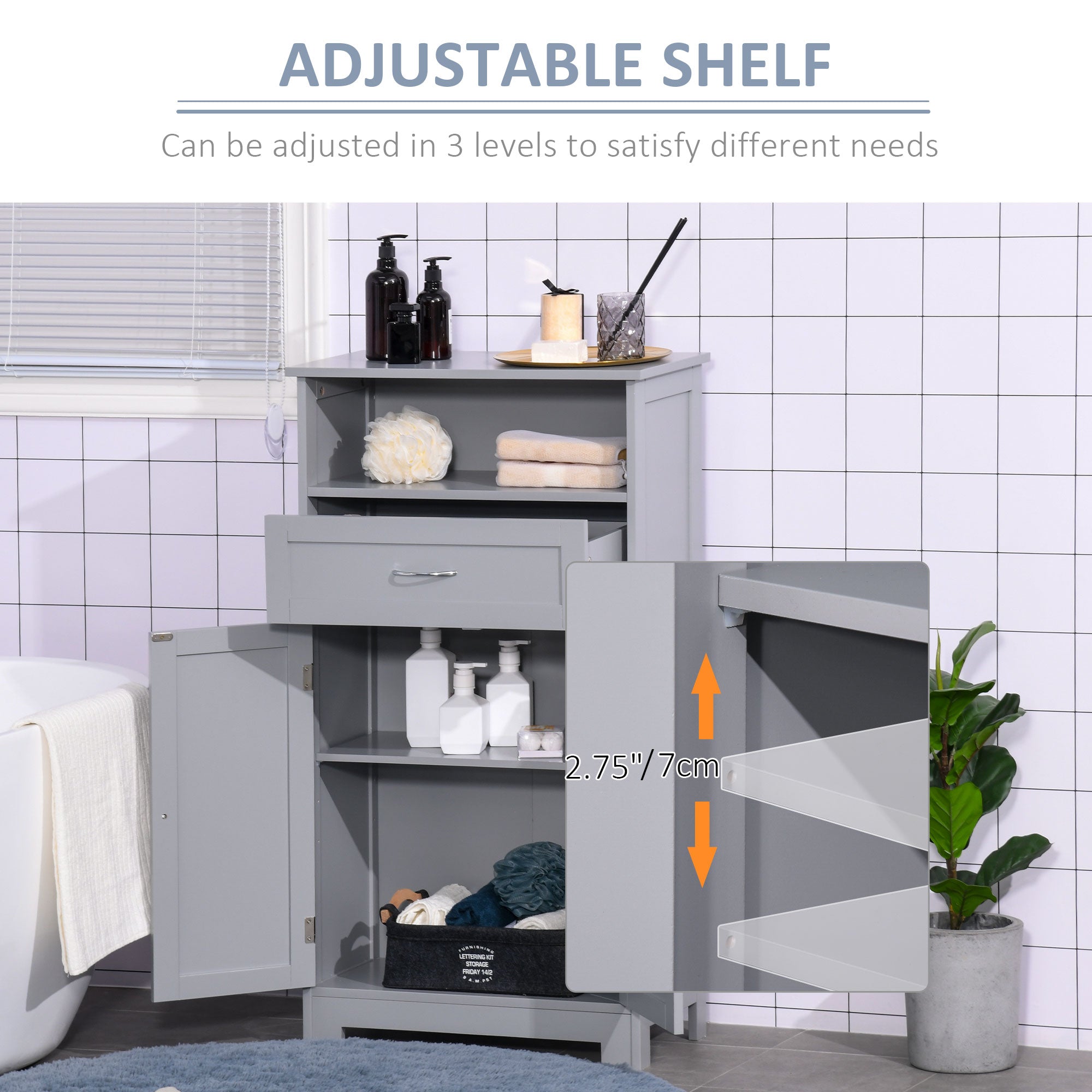 kleankin Wooden Storage Cabinet w/ Drawer Adjustable Shelf for Bathroom, Grey