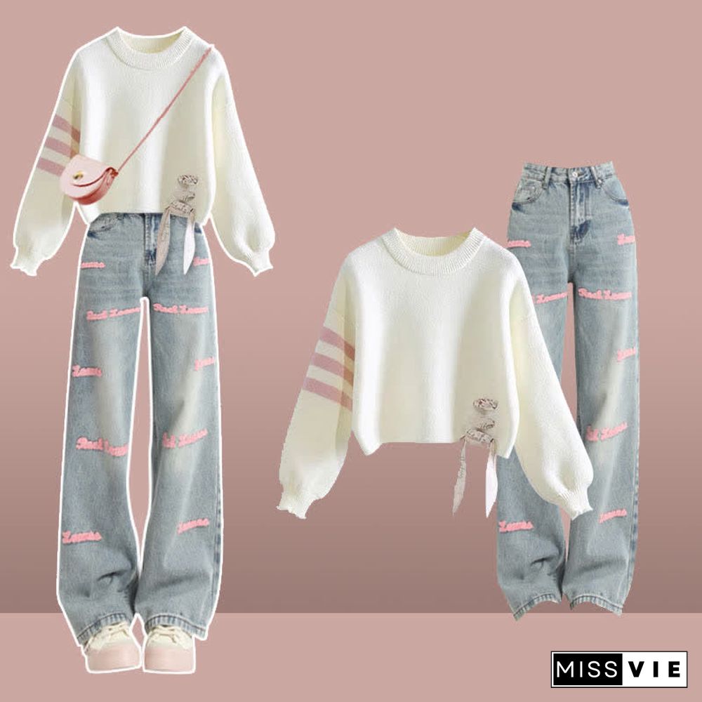 Lace Up Stripe Sleeve Sweater Letter Embroidery Casual Denim Pants