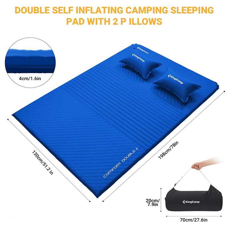 KingCamp Double Self Inflating Camping Sleeping Mat Pad with 2 Pillows， Blue