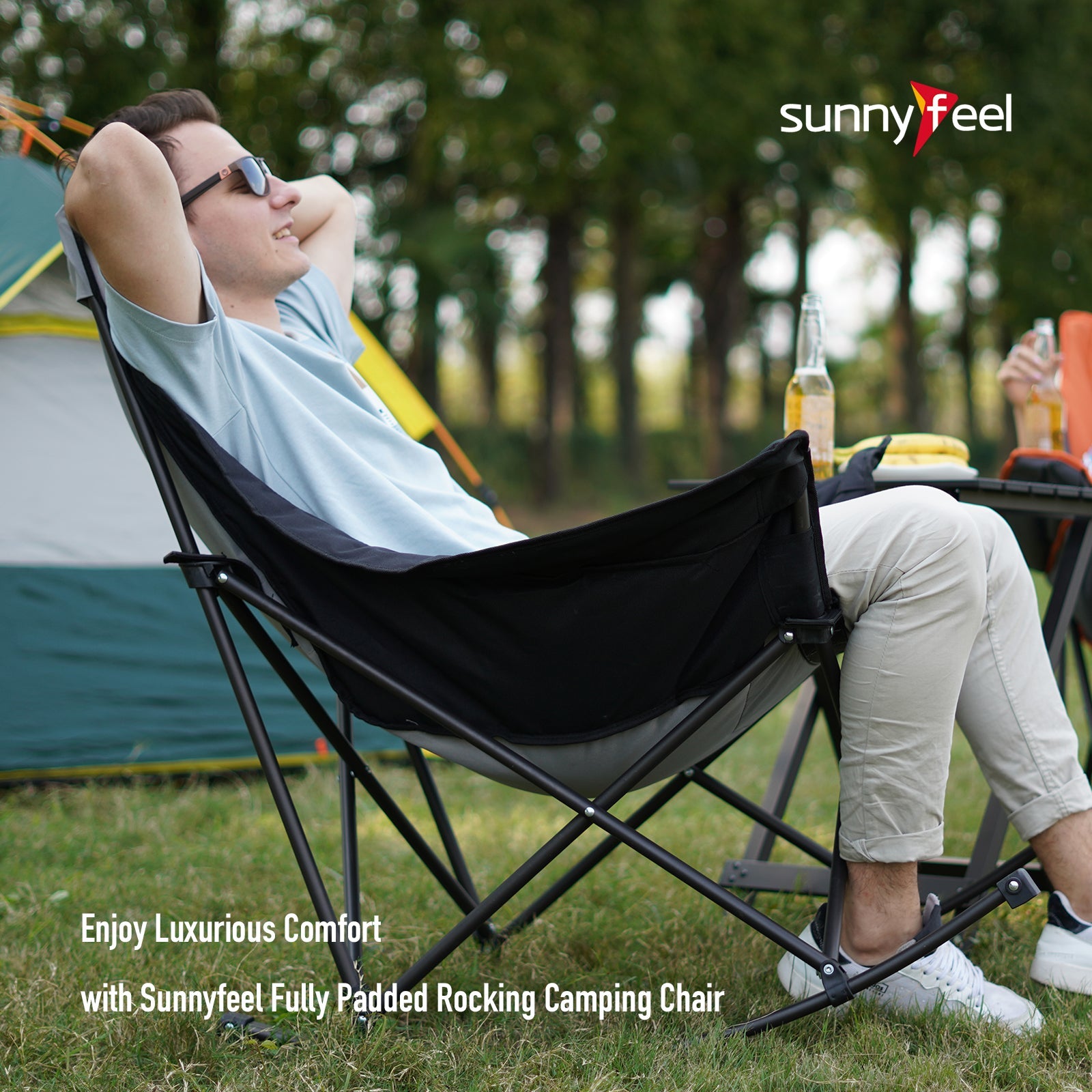 Sunnyfeel Camping Rocking Chair for Adults, Luxury Padded Recliner, Oversized Folding Rocker Lawn Chair (Gray)