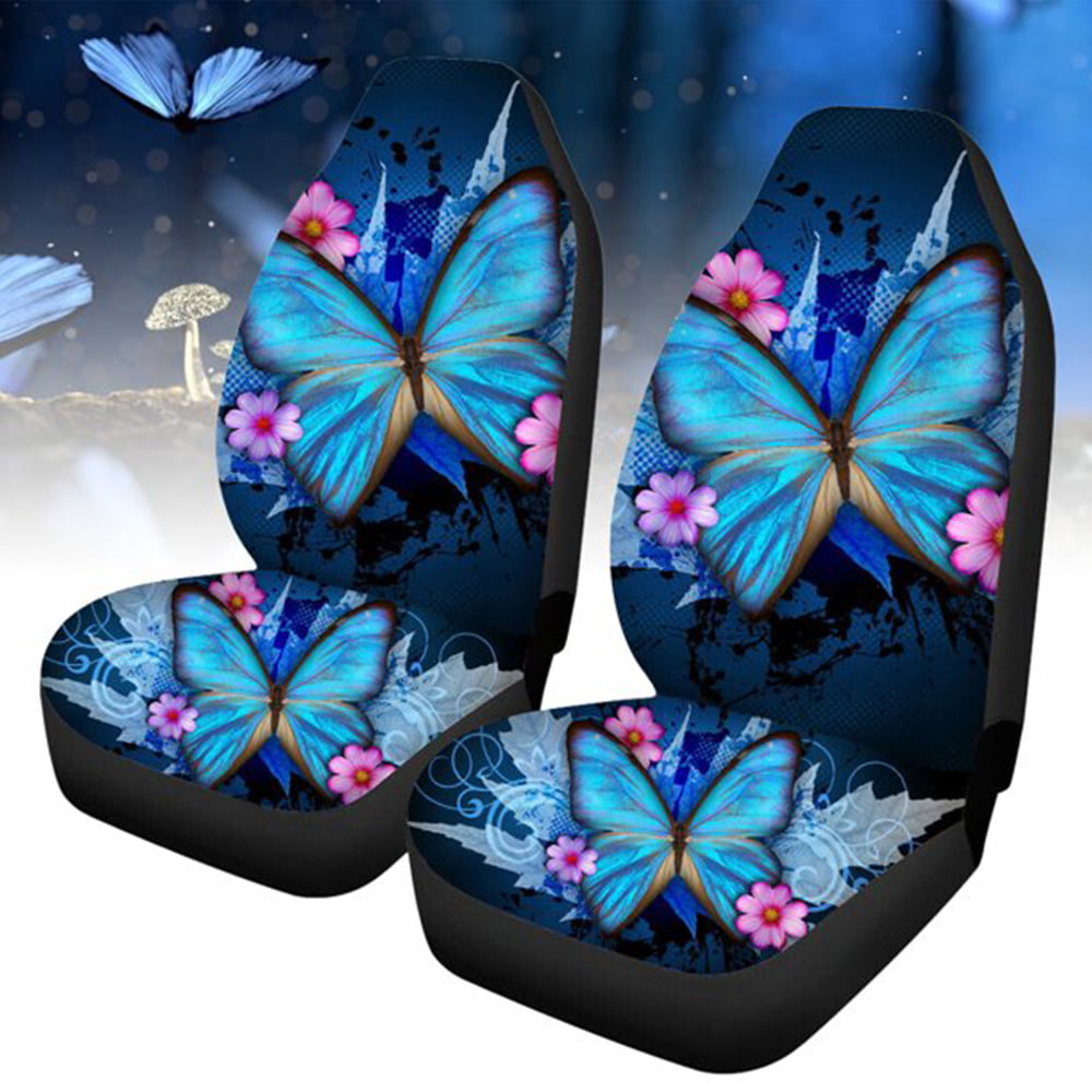 Sivio Chic Tropical Blue Butterfly Floral Car Seat Covers High Back Design Front Seats Only，Universal Fit Vehicle Seat Protectors for SUV，Truck，Sedan-Pack of 2