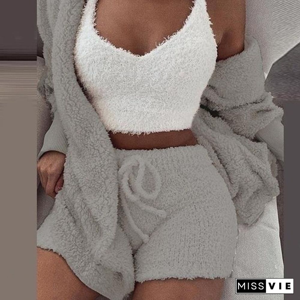 Women Fashion Winter Plush Casual Sportswear Long Sleeve Crop Top Shirt Shorts Suit(1pc Vest or 2pcs Coat+Pants or 3pcs Vest+Coat+Pants)