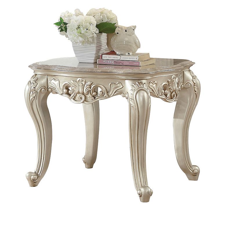 Traditional Style Marble Top End Table with Poly Resin Engravings，Gold