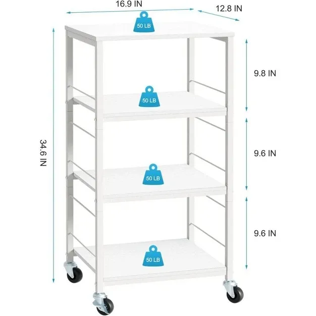 Nex 4 Tier Organizer Cart On Casters With Fixed Rack White