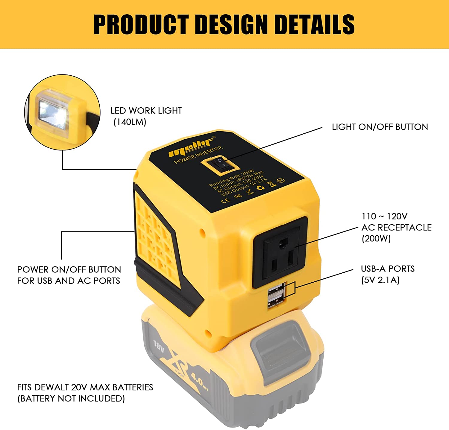 200W Power Inverter for DW 20V MAX Battery with 1 AC Outlet 2 USB Ports LED Light Outdoor Generator (Tool ONLY)