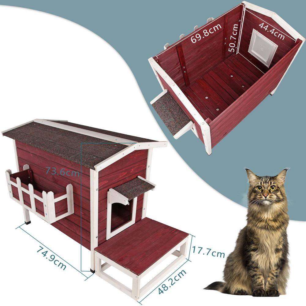 Red Solid Wood Cat House Larger Design for 3 Adult Outdoor Cats Weatherproof CATTHHHHOUS-2