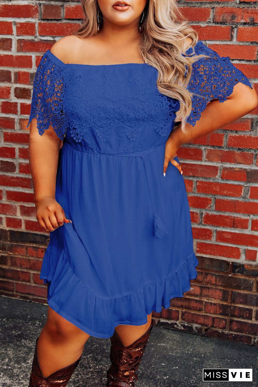 Blue Off-the-shoulder Lace Sleeves Plus size Dress