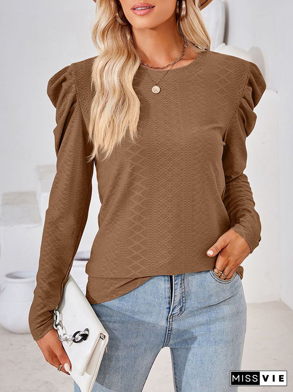 Long Sleeves Loose Pleated Solid Color Round-Neck T-Shirts Tops