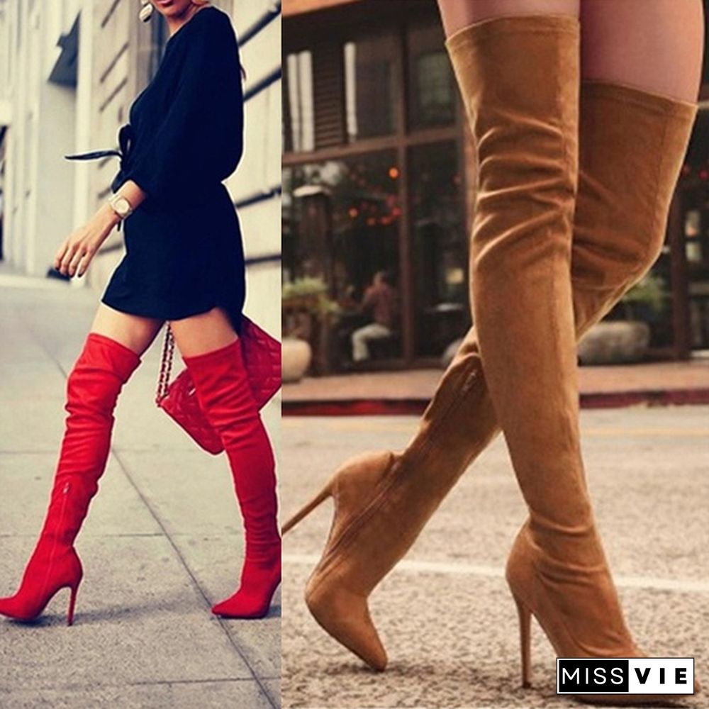 Women Winter Warm Long Boots Faux Suede Slim Thigh High Heels Fashion Over The Knee Boots