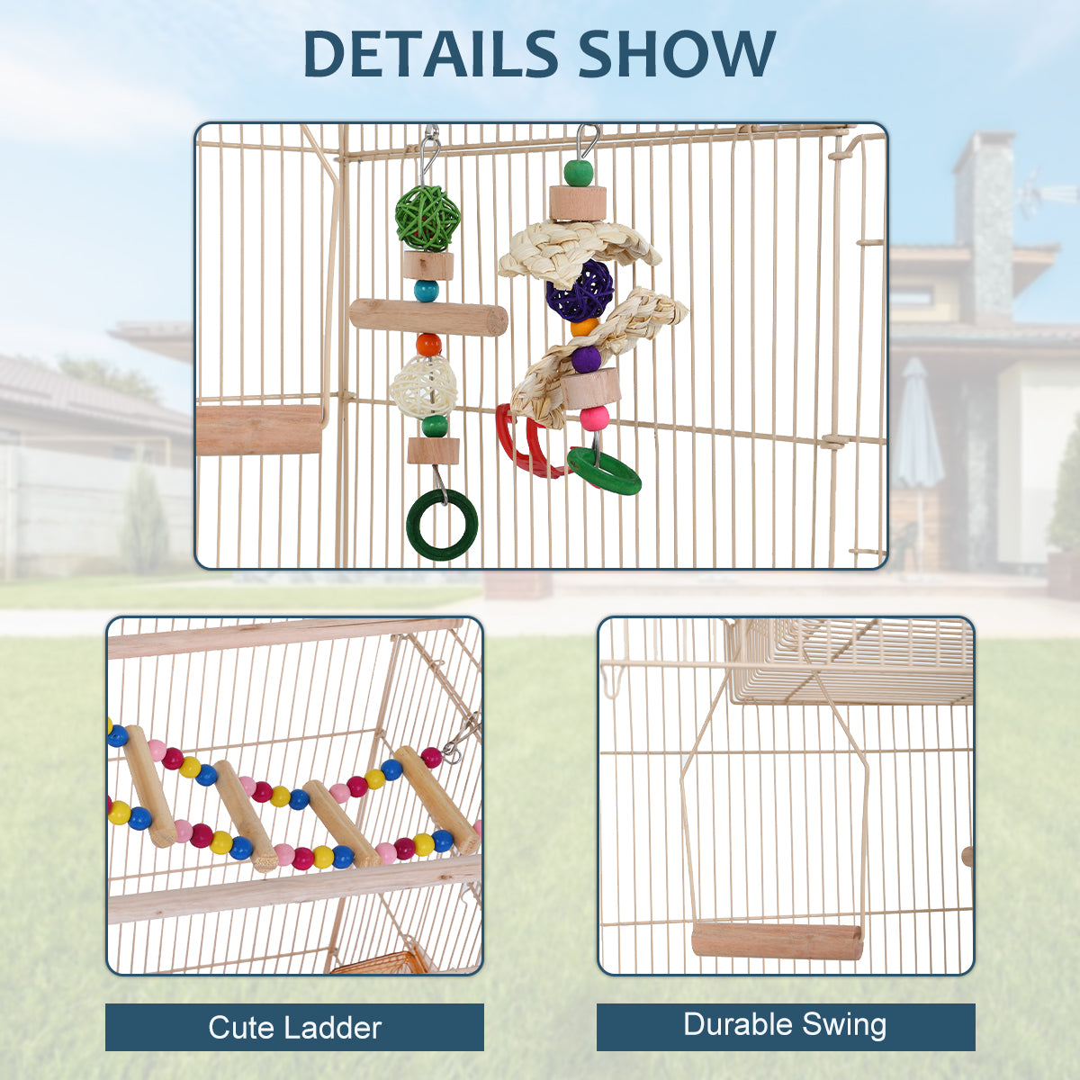 Dkelincs 39 Inch Big Birdcage Study Parakeet Cage Aviary with Accessories Roof Top Flight Parrot Cage with Ladder and Swing for Parakeet， Cockatiels， Parrots， Almond