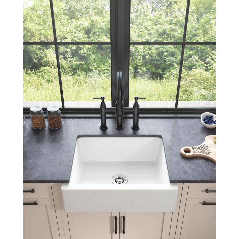 EAKYHOM Farmhouse Apron Front Fireclay 24 in. Single Bowl Kitchen Sink in White ECKSDL2419-DT