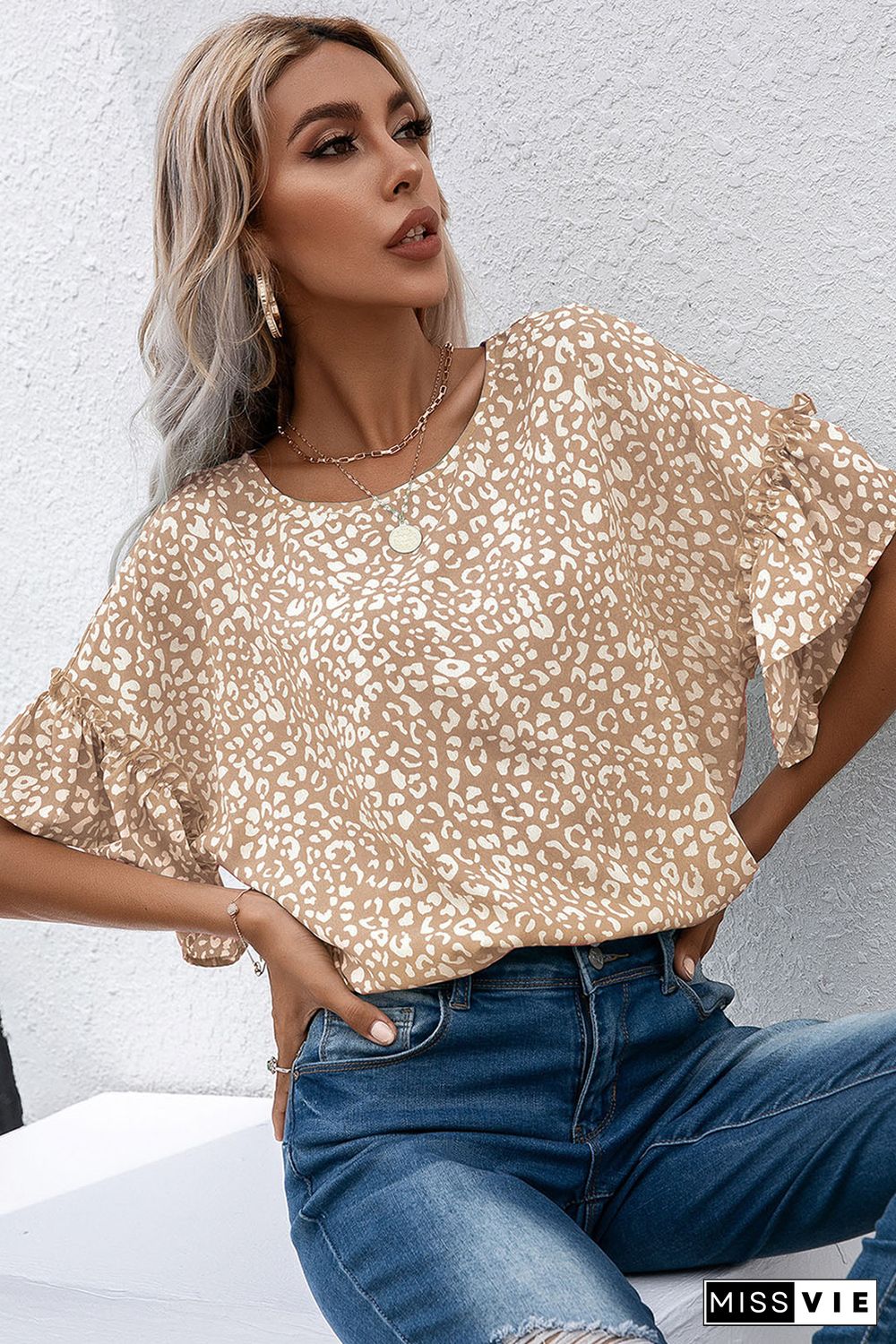 Apricot Leopard Spotted Ruffle Sleeve T-Shirt